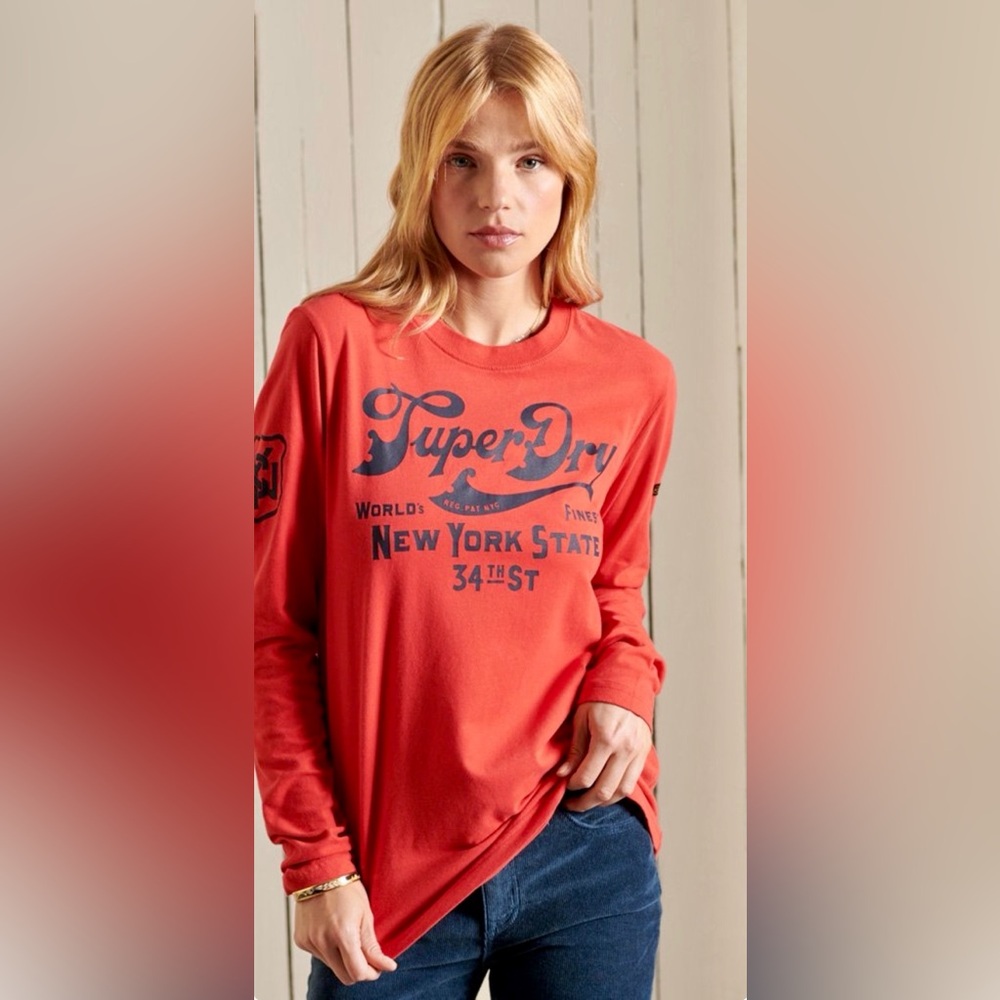 Superdry Script Style Workwear Red Graphic Long Sleeve Tee Size :4